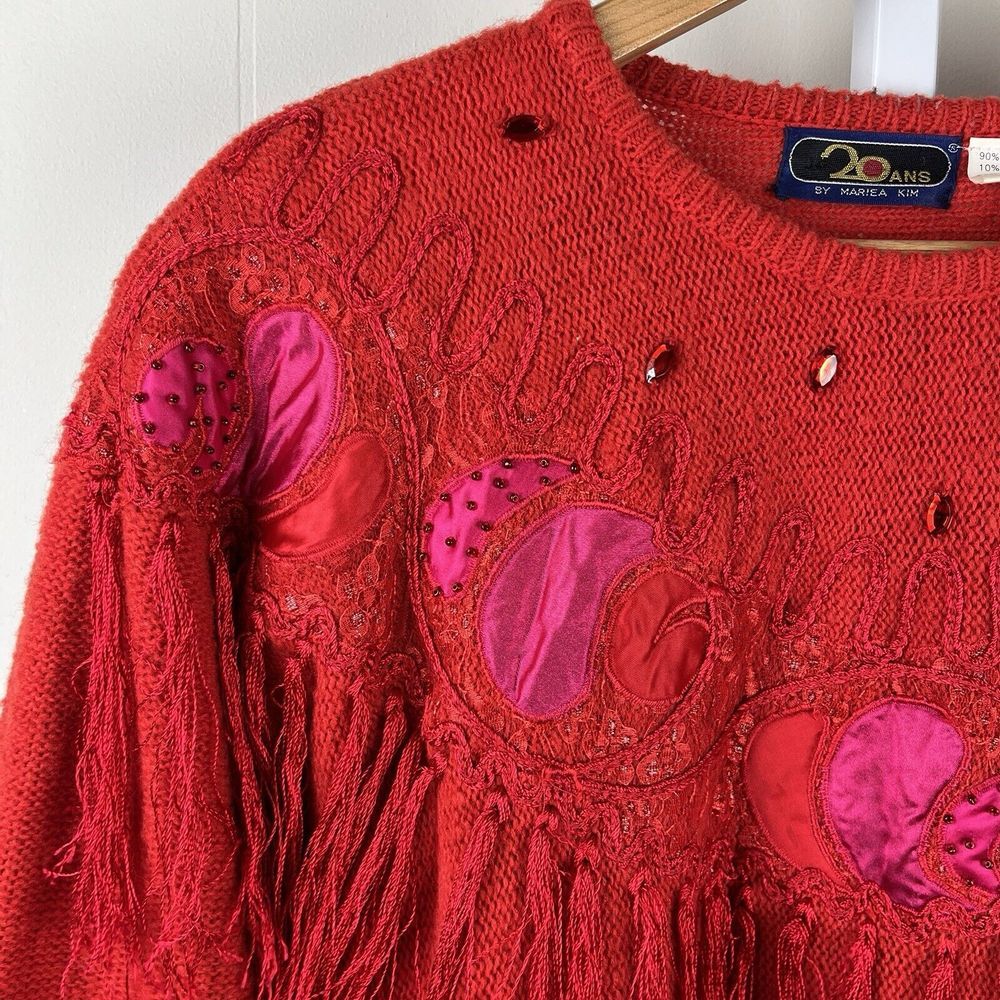 20 ANS by Mariea Kim Vintage Sweater Womens Small Red Pink Applique Fringe